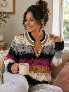 Fashion Concepts Striped Open Knit V-Neck Sweater Multicolour Boho Pullover M